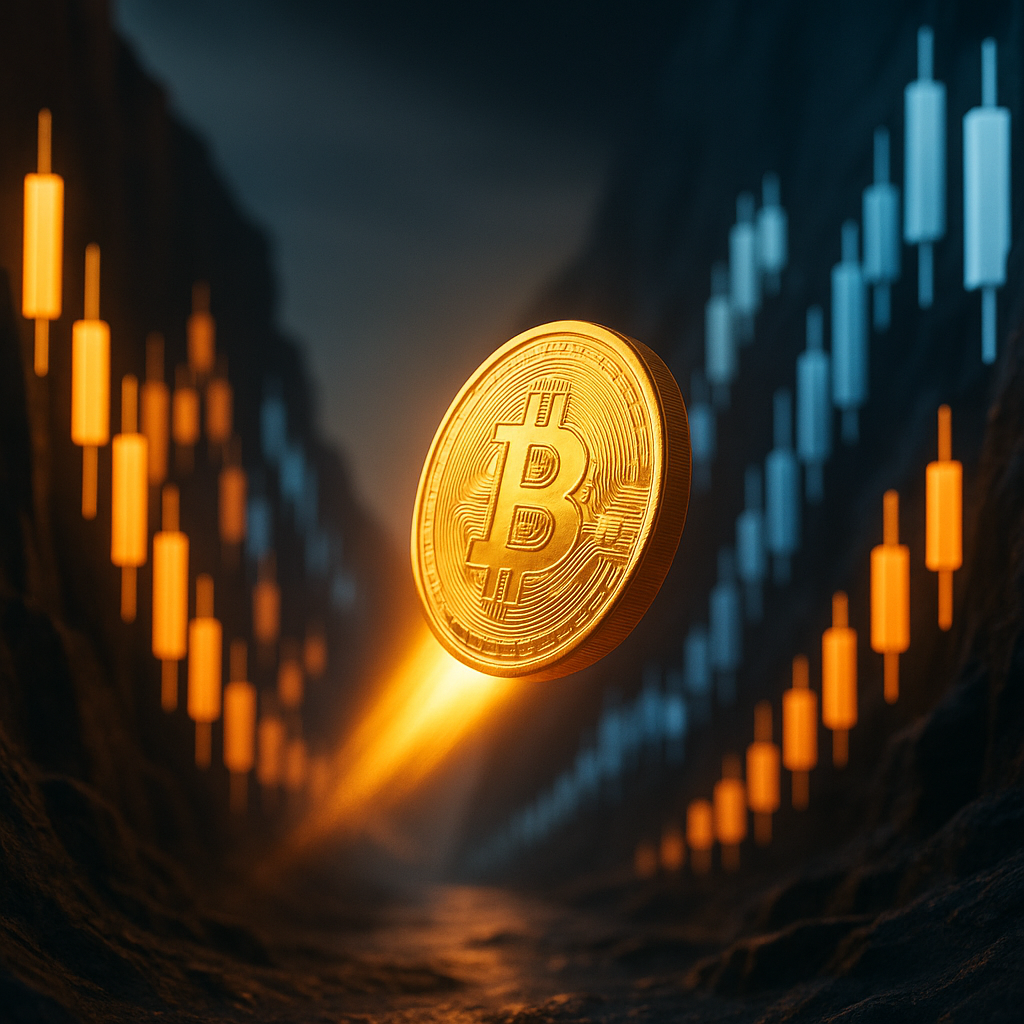 a glowing golden bitcoin rocketing through a neon-lit canyon of price candles