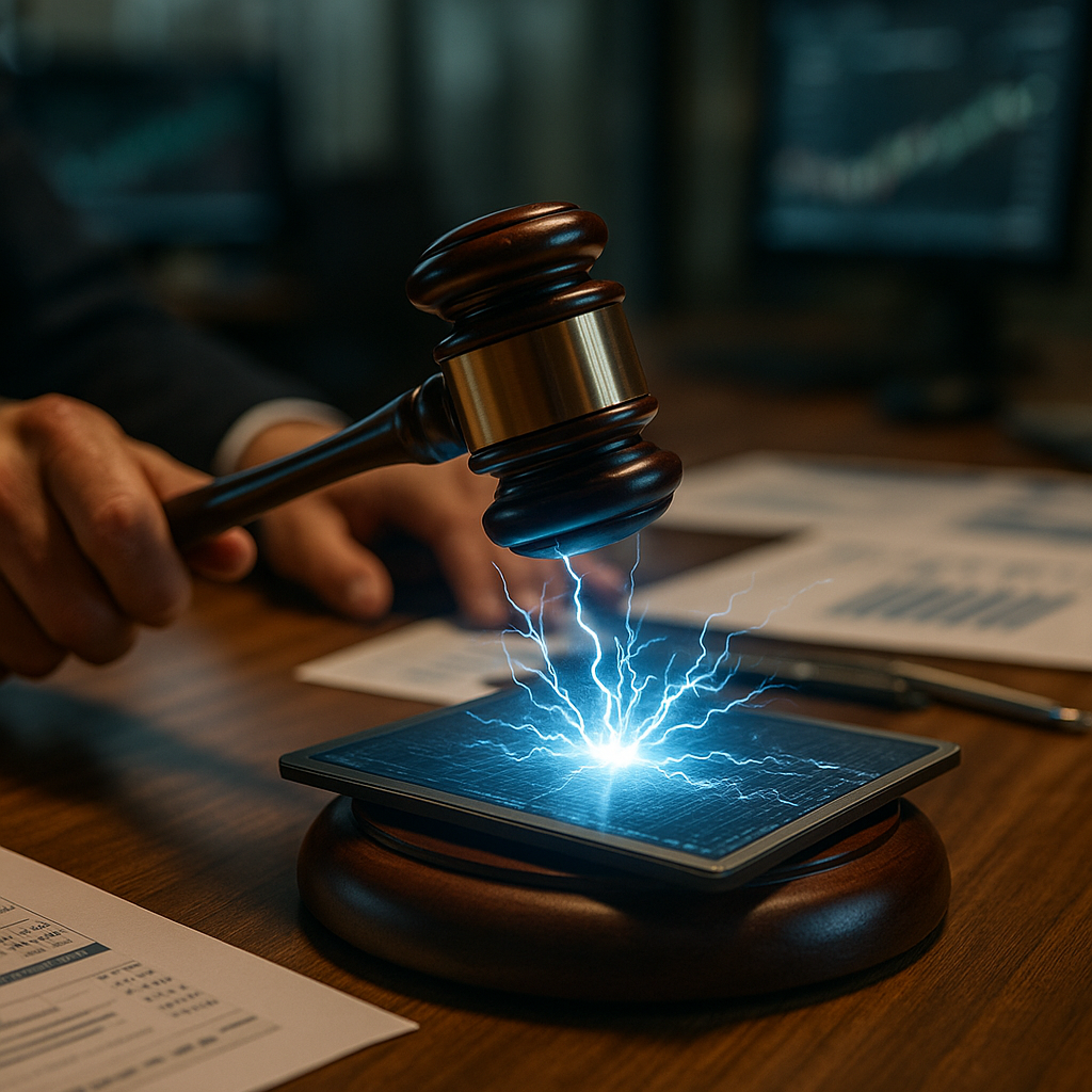 a courtroom gavel striking sparks of electric blue energy over a digital ledger