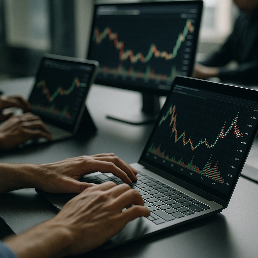 hands typing rapidly on devices while reviewing charts filled with cryptocurrency trends