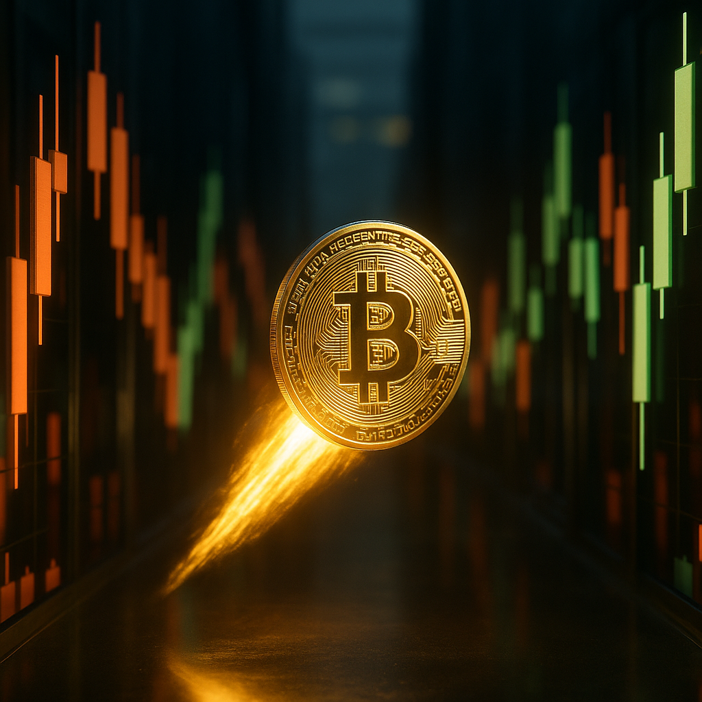 a glowing golden bitcoin rocketing through a neon-lit canyon of price candles