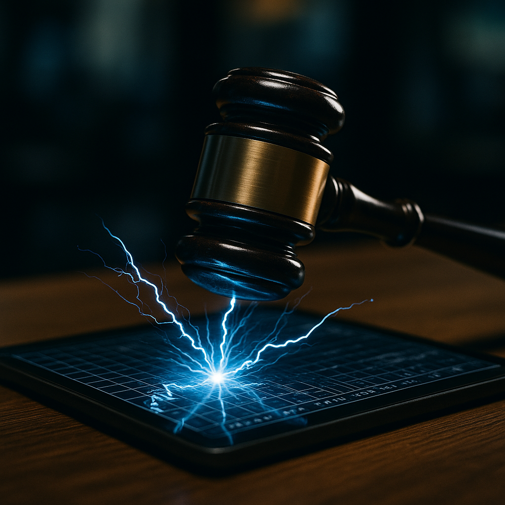 a courtroom gavel striking sparks of electric blue energy over a digital ledger