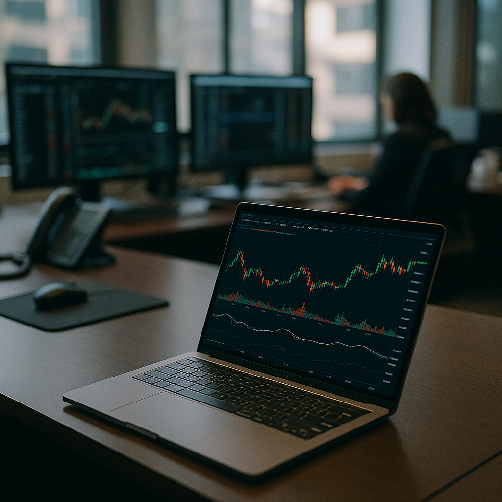 a modern trading desk view with a laptop showing cryptocurrency charts