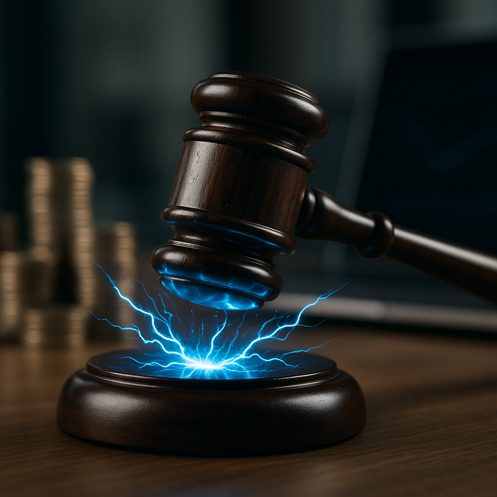 A courtroom gavel striking sparks of electric blue energy