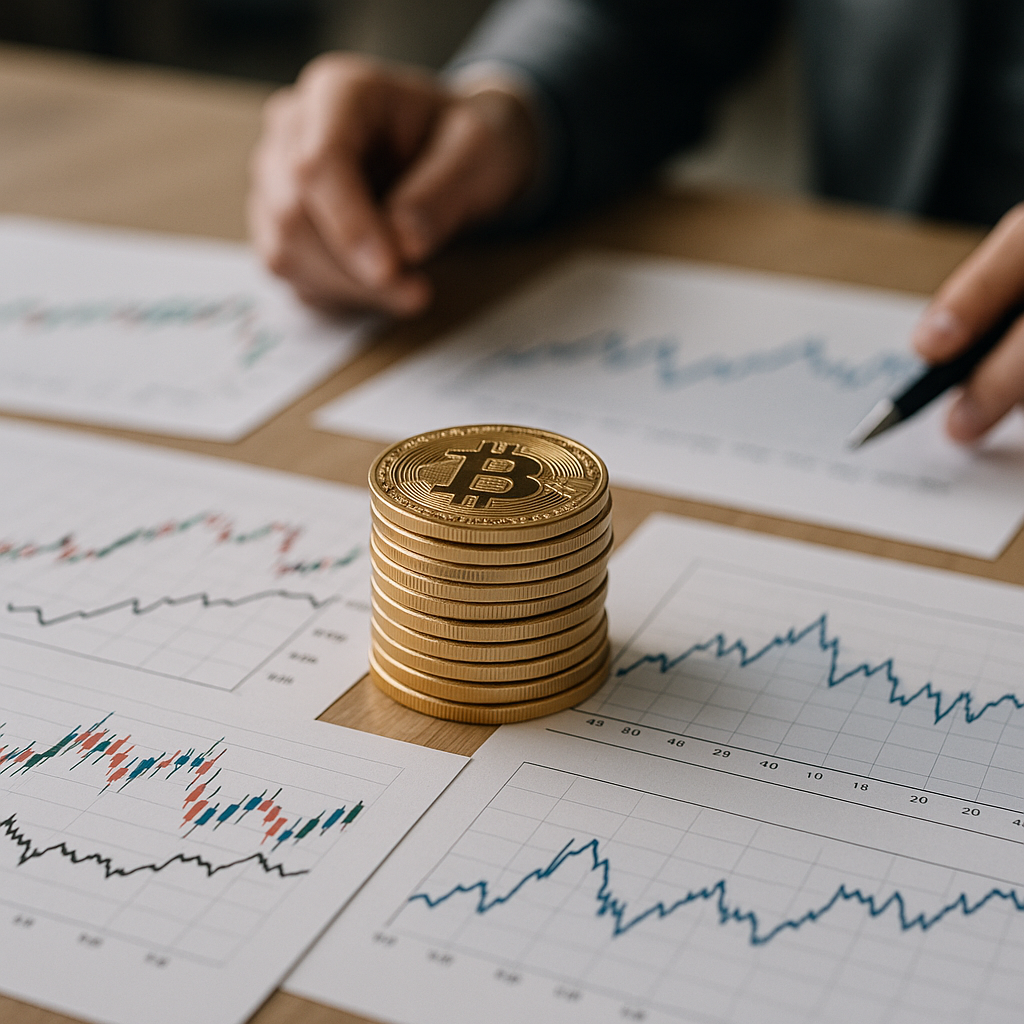 stack of bitcoins amidst printed charts on a well-lit table