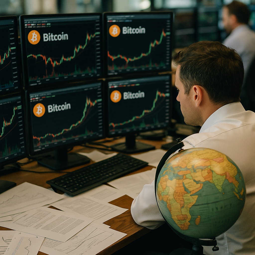 A bustling trading desk with monitors displaying Bitcoin charts, papers scattered with financial analyses, and a globe highlighting emerging