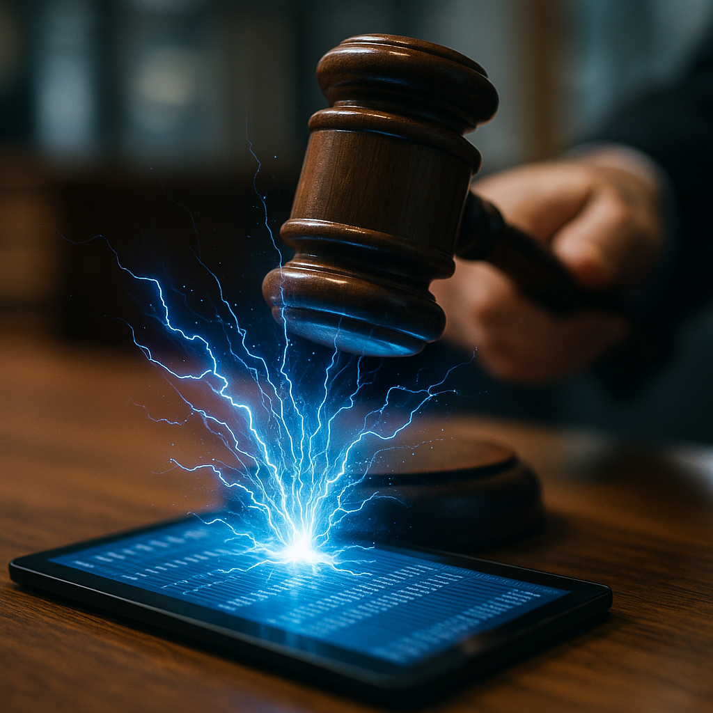 A courtroom gavel striking sparks of electric blue energy over a digital ledger