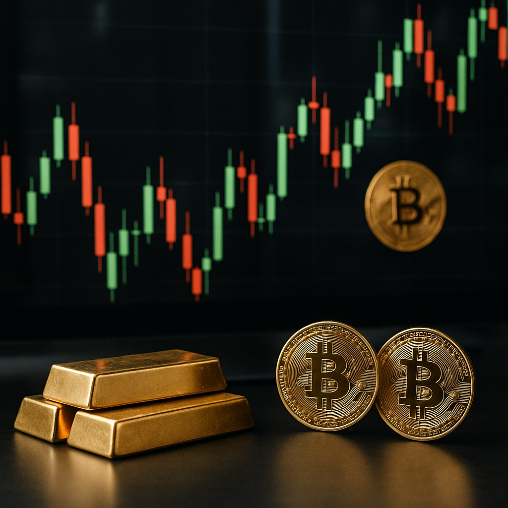A digital representation of fluctuating price candles interspersed with gold bars and Bitcoin symbols.