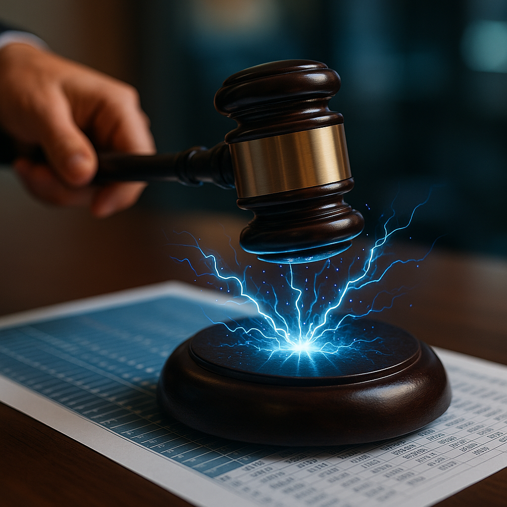 a courtroom gavel striking sparks of electric blue energy over a digital ledger