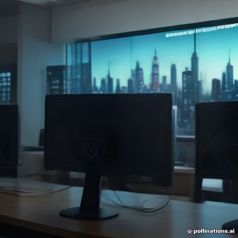 A dynamic trading desk with multiple screens displaying currency pairs and crypto prices alongside a vibrant cityscape in the background sho