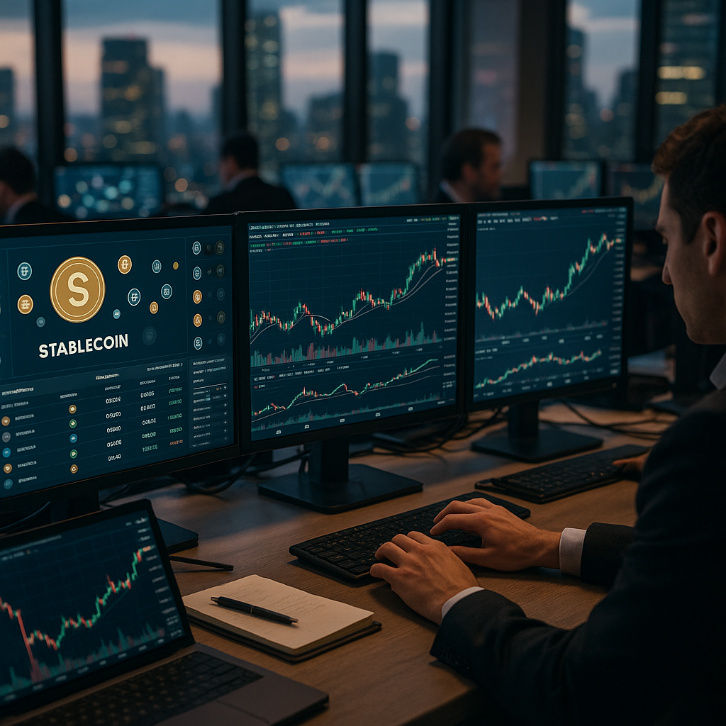 a bustling trading desk with digital screens showing stablecoin transactions and cryptocurrency charts amidst a backdrop of city skyscrapers