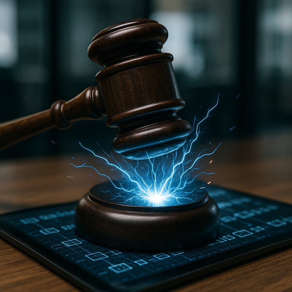 A courtroom gavel striking sparks of electric blue energy over a digital ledger