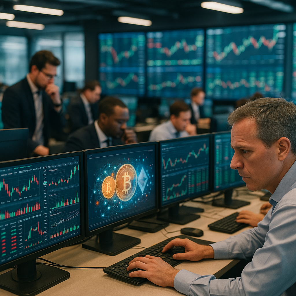 a bustling trading desk with screens displaying stock prices, a digital representation of crypto assets visible, and traders analyzing marke