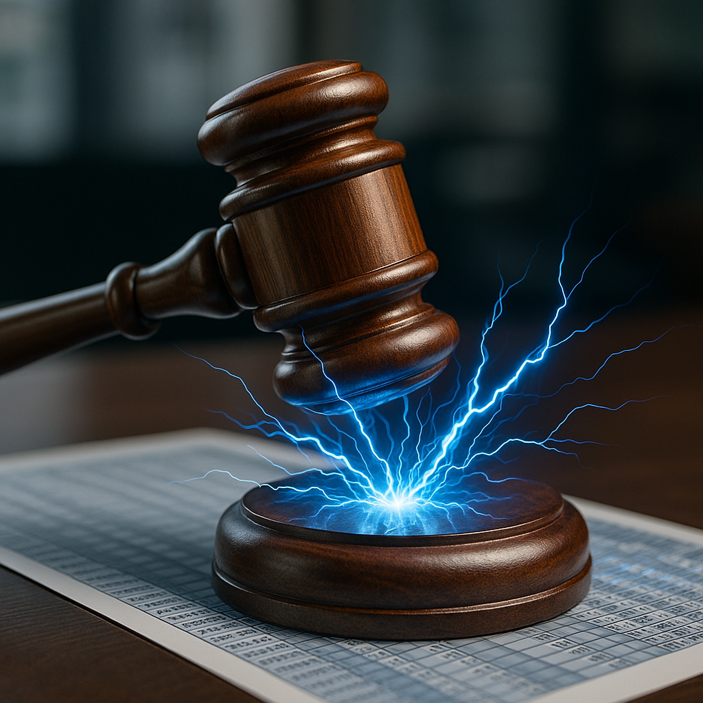 courtroom gavel striking sparks of electric blue energy over a digital ledger
