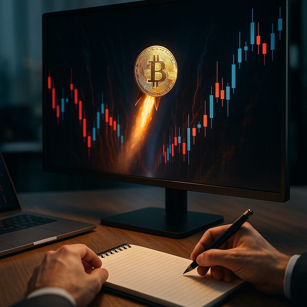 glowing golden bitcoin rocketing through neon-lit canyon of price candles