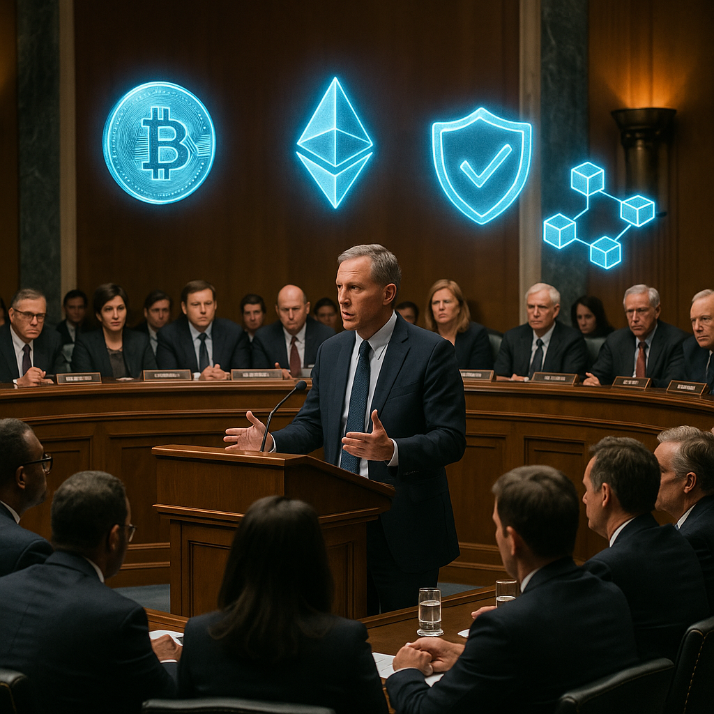 A busy Senate hearing room filled with legislators discussing crypto, holographic displays of digital assets in the air, focusing on a speak
