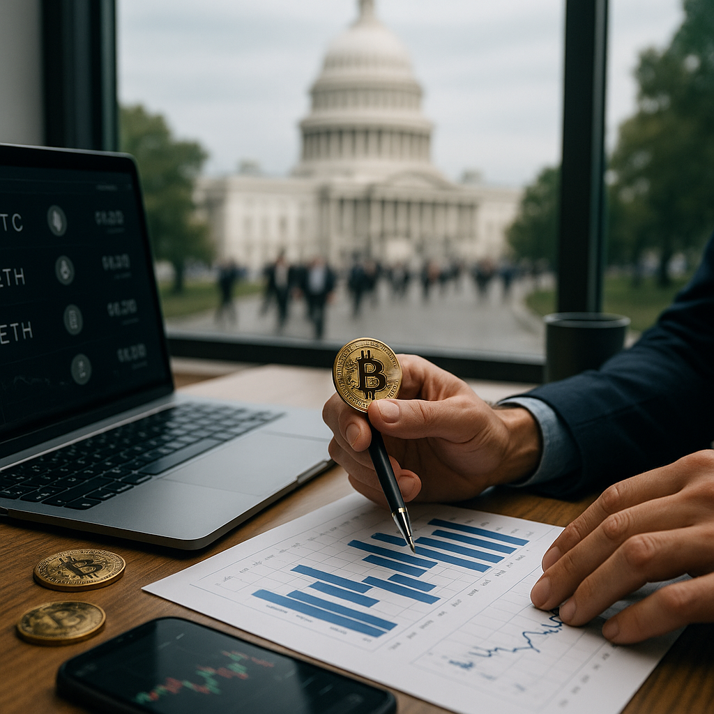 The exterior view of Capitol Hill with Congress members arriving as talks intensify about cryptocurrency legislation.