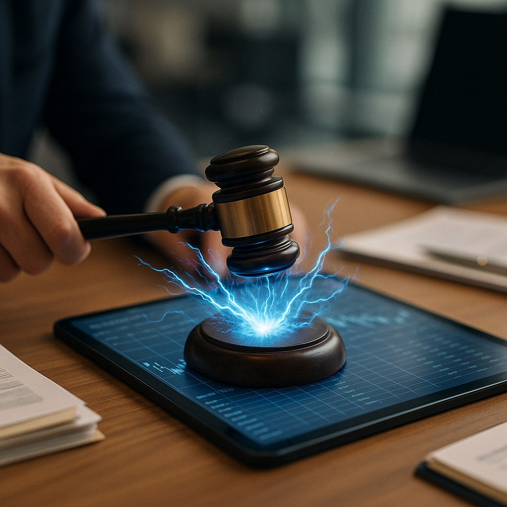 A courtroom gavel striking sparks of electric blue energy over a digital ledger.