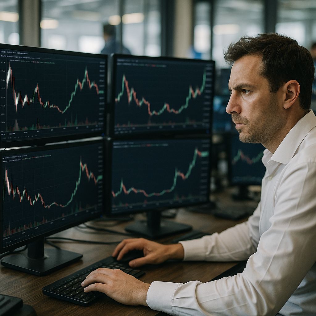 A busy trading desk with screens displaying cryptocurrency charts