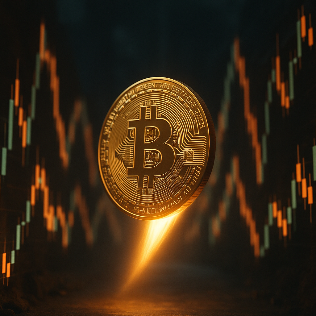 A glowing golden bitcoin rocketing through a neon-lit canyon of price candles