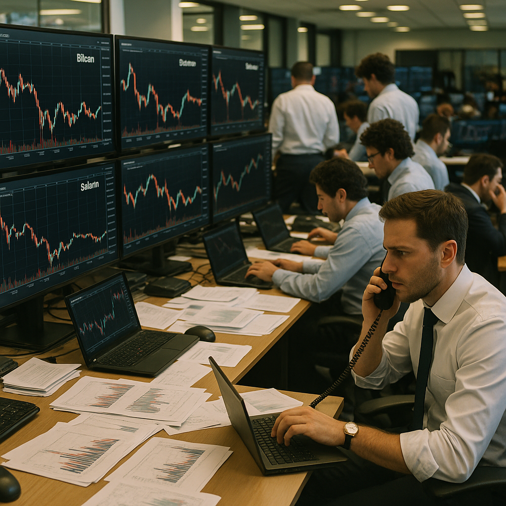 a bustling crypto trading floor with traders analyzing screens showing price movements of Bitcoin, Ethereum, and Solana, with stacks of digi