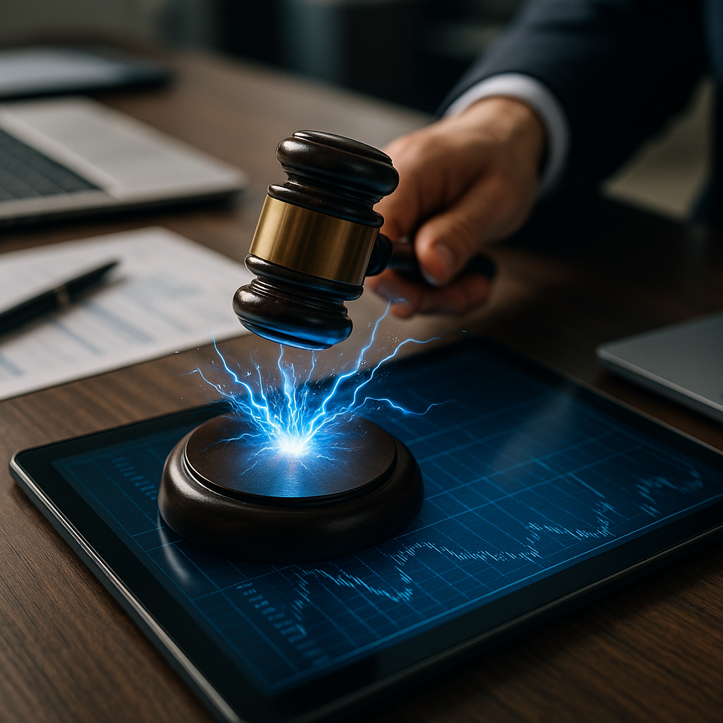 A courtroom gavel striking sparks of electric blue energy over a digital ledger.