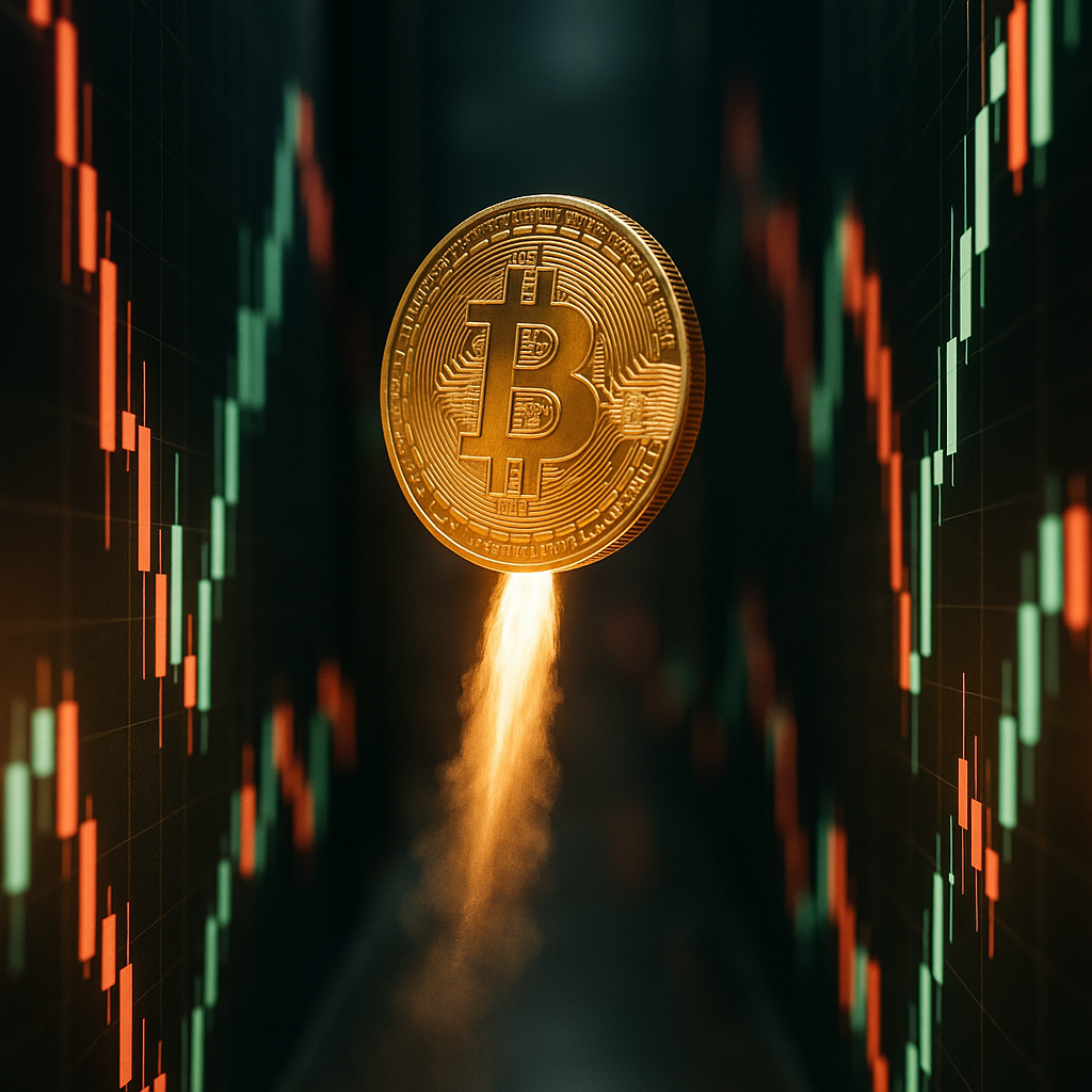 a glowing golden bitcoin rocketing through a neon-lit canyon of price candles