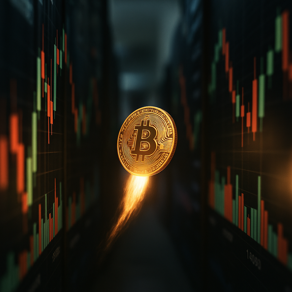 A glowing golden bitcoin rocketing through a neon-lit canyon of price candles