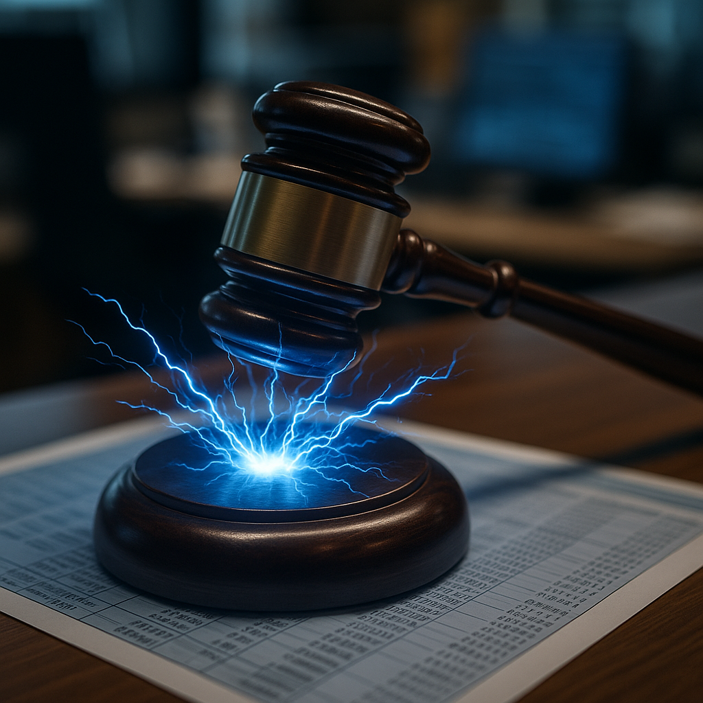 A courtroom gavel striking sparks of electric blue energy over a digital ledger