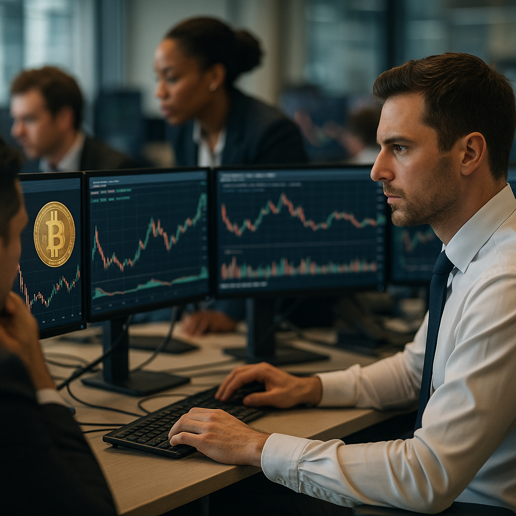 A bustling financial trading desk with people intently watching multiple screens displaying cryptocurrency prices and stock charts.