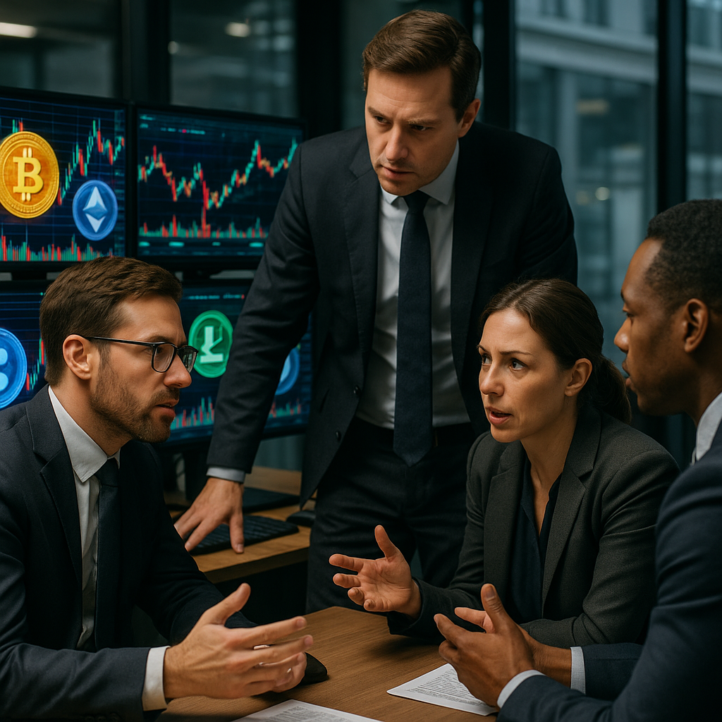 A high-tech trading desk displaying vibrant digital currencies on screens, surrounded by financial analysts engaged in intense discussions a