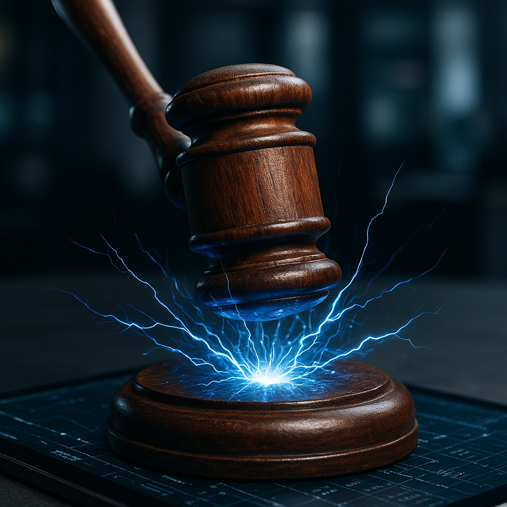 A courtroom gavel striking sparks of electric blue energy over a digital ledger.