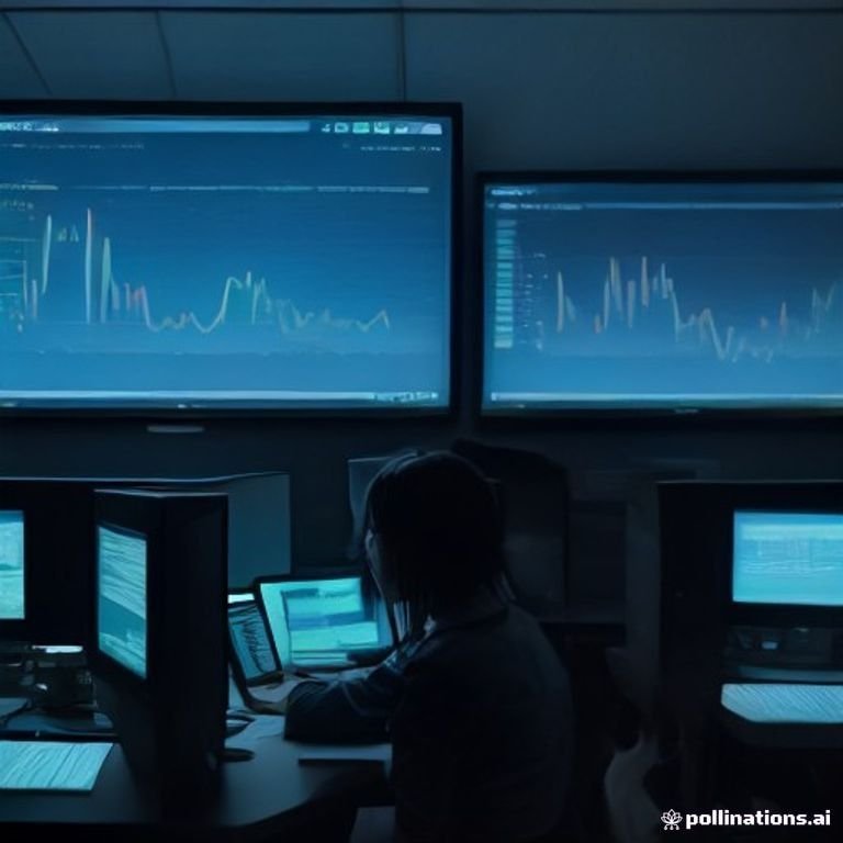 A bustling trading desk with monitors displaying cryptocurrency charts and graphs, hands actively typing, and a large digital screen showing