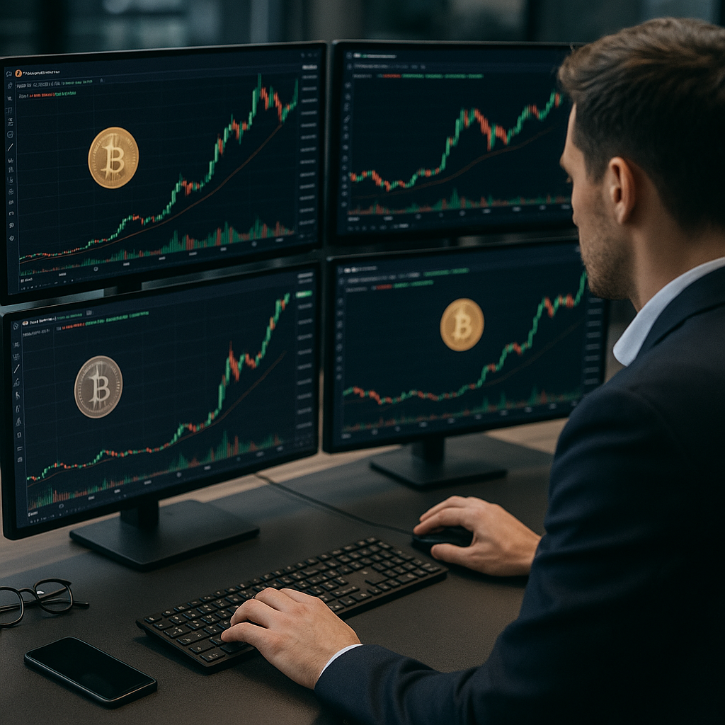 A high-tech trading desk with screens displaying live cryptocurrency charts...