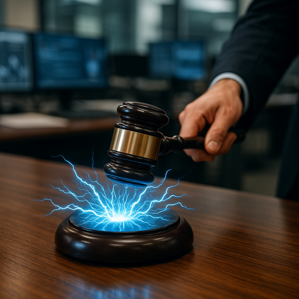 A courtroom gavel striking sparks of electric blue energy...