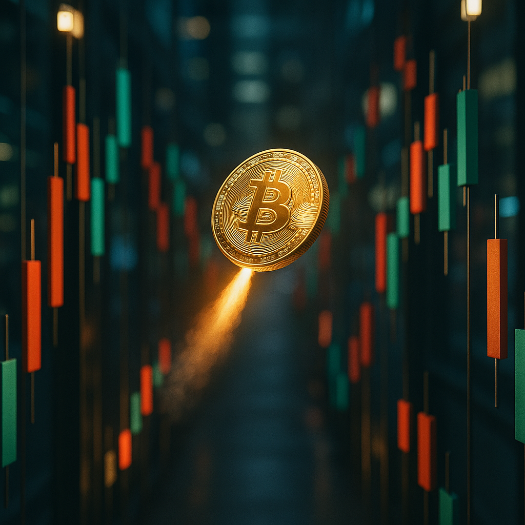 A glowing golden bitcoin rocketing through a neon-lit canyon of price candles...