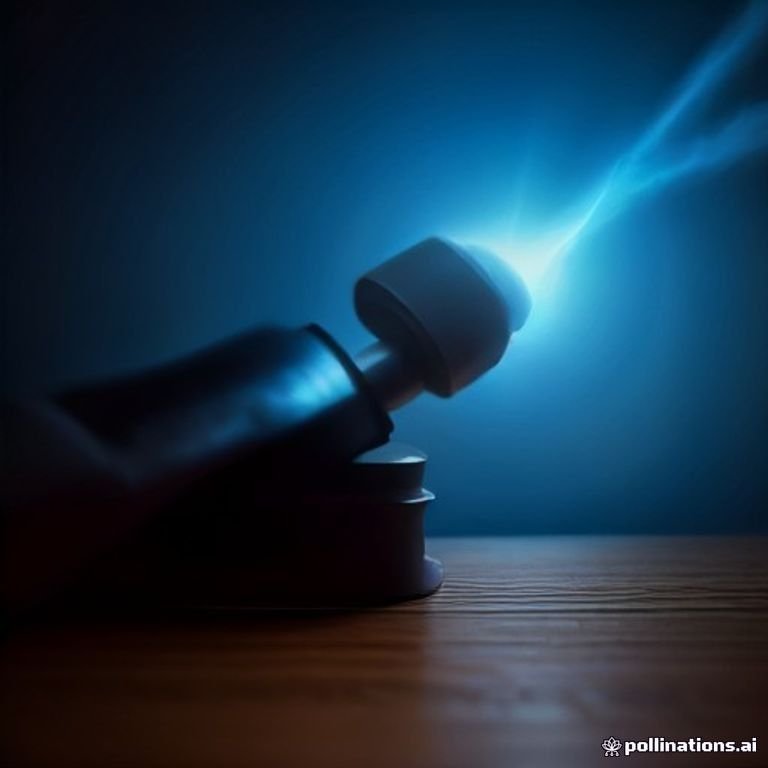 a courtroom gavel striking sparks of electric blue energy over a digital ledger
