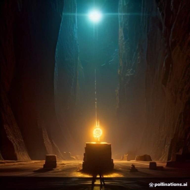 a glowing golden bitcoin rocketing through a neon-lit canyon of price candles
