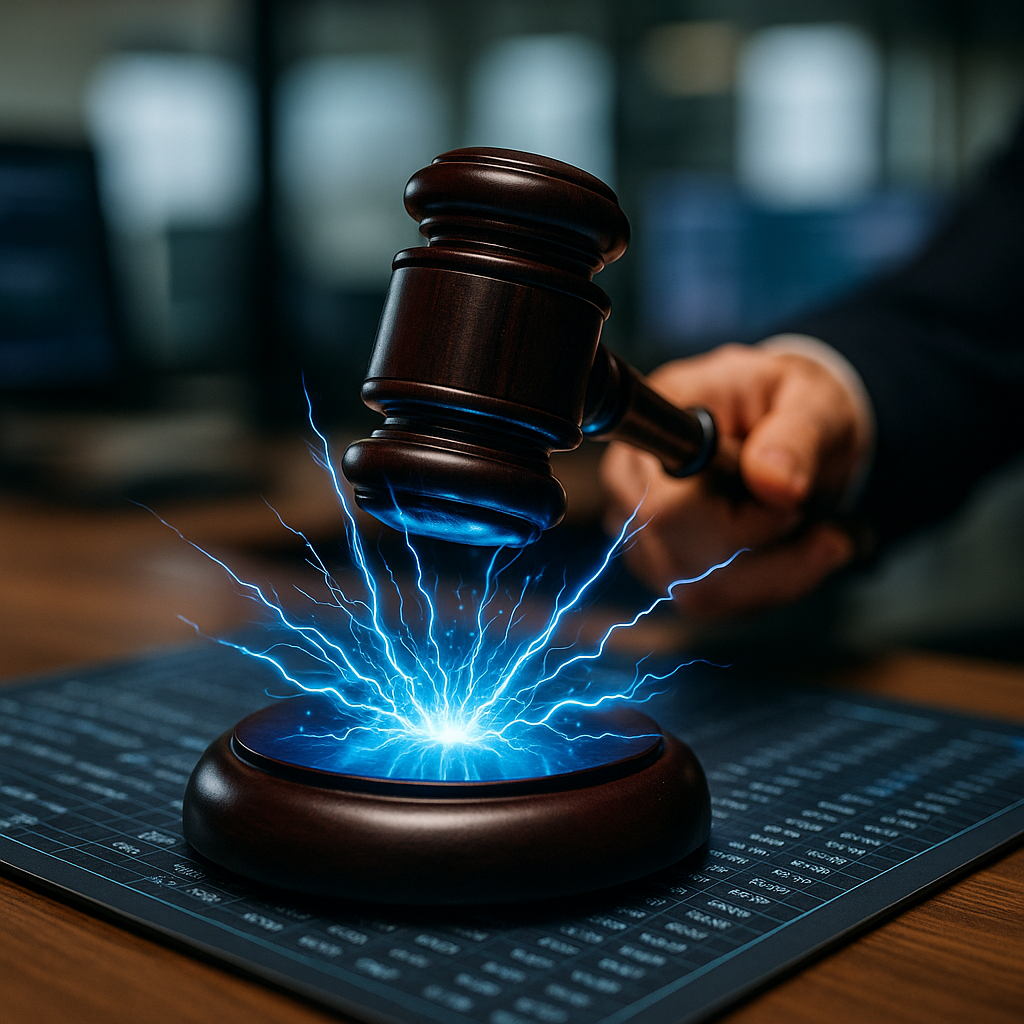 a courtroom gavel striking sparks of electric blue energy over a digital ledger