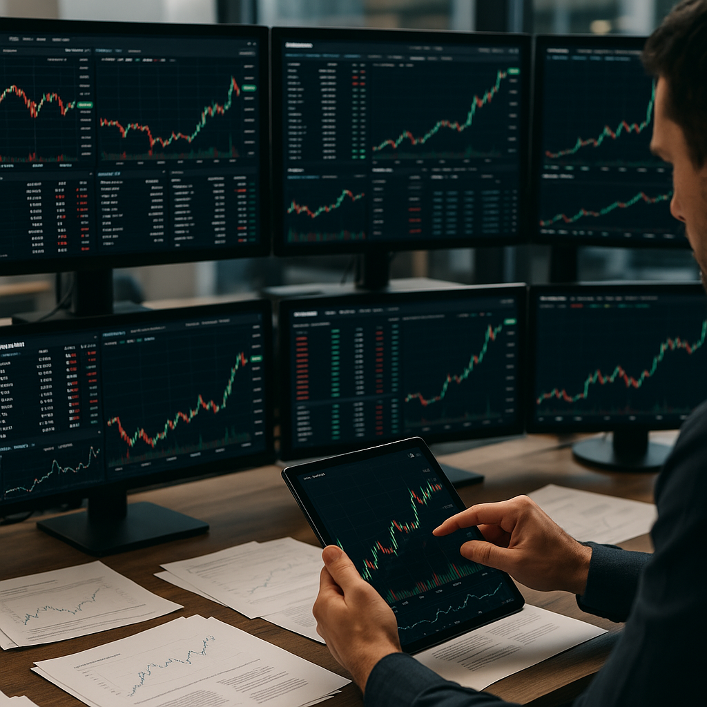 a bustling trading desk with multiple screens displaying cryptocurrency data, a person analyzing charts on a tablet, and papers scattered wi