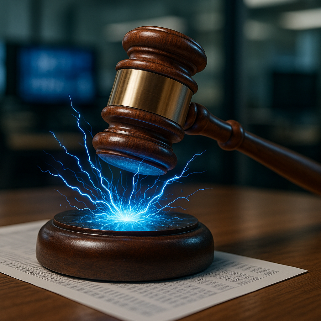 A courtroom gavel striking sparks of electric blue energy over a digital ledger