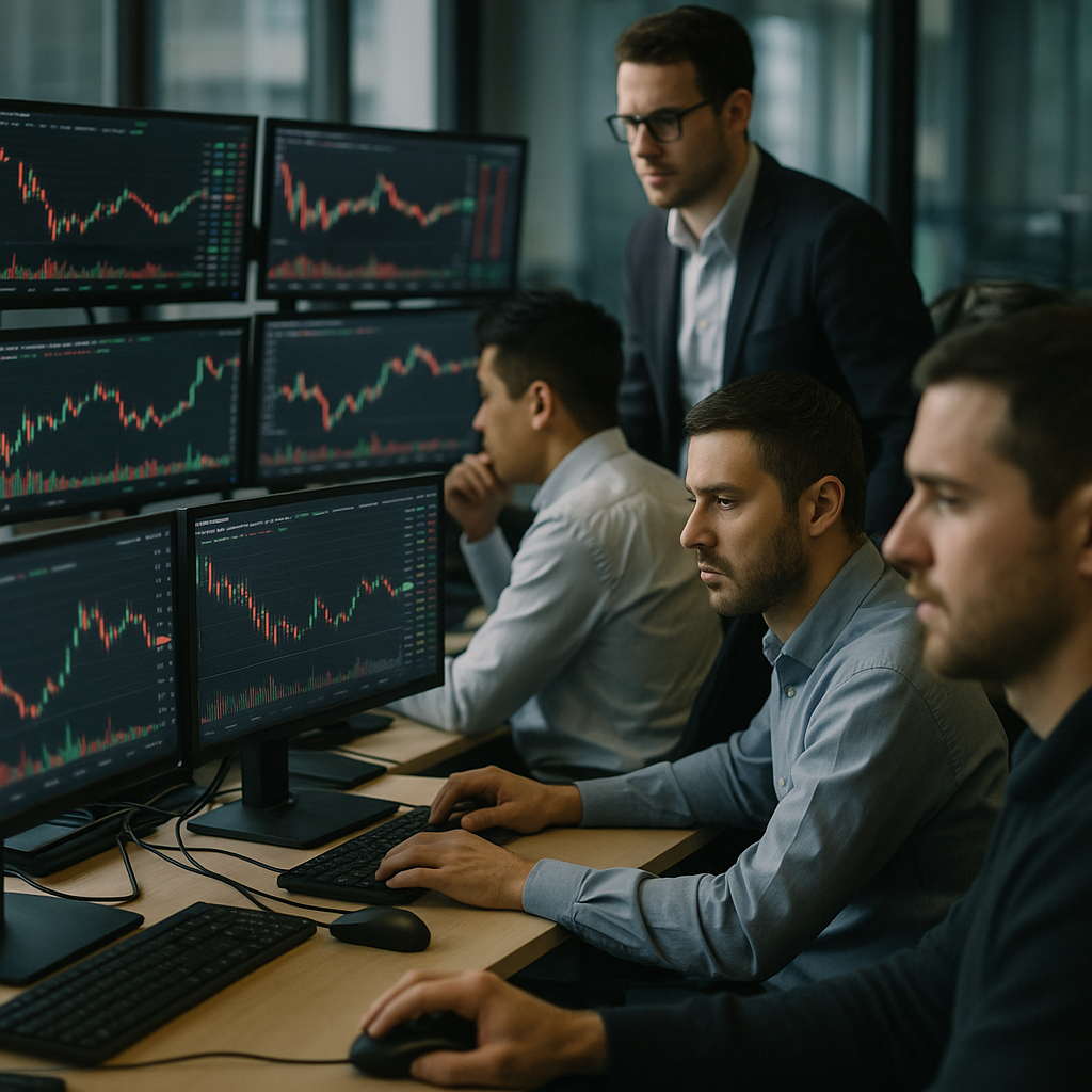 A bustling trading desk with monitors displaying cryptocurrency price movements, colorful charts, and focused traders analyzing market data.
