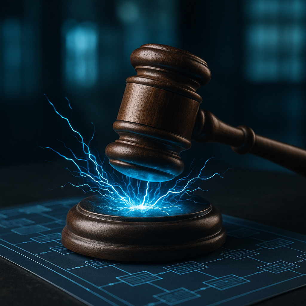 A courtroom gavel striking sparks of electric blue energy over a digital ledger.