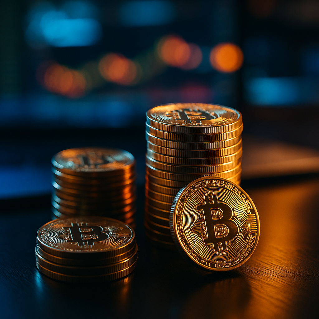 A vibrant close-up view of digital coins stacked together with bright LED lights illuminating them.