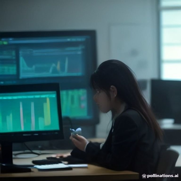A dynamic financial trading desk scene with screens displaying cryptocurrency prices, charts of buying trends, and active traders analyzing