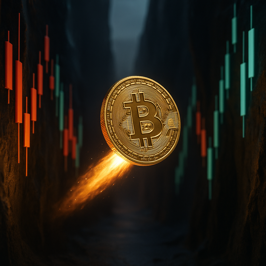 a glowing golden bitcoin rocketing through a neon-lit canyon of price candles