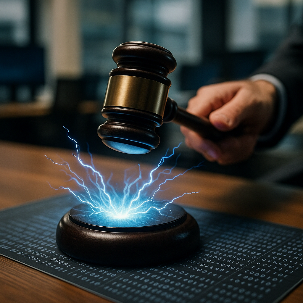 a courtroom gavel striking sparks of electric blue energy over a digital ledger