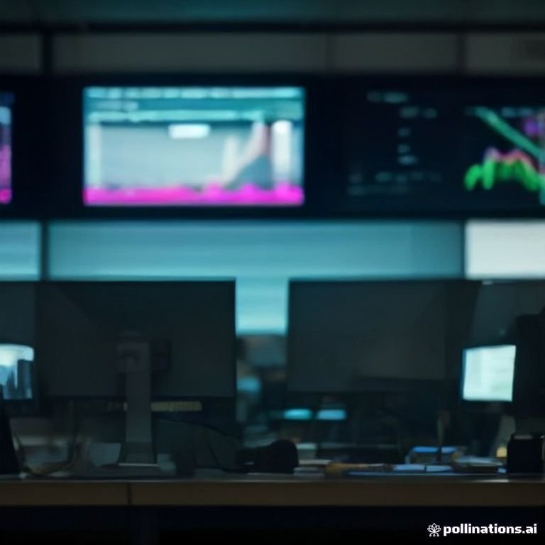 A bustling trading desk filled with monitors displaying crypto prices and charts, coffee cups scattered about, and a trader focused on a scr