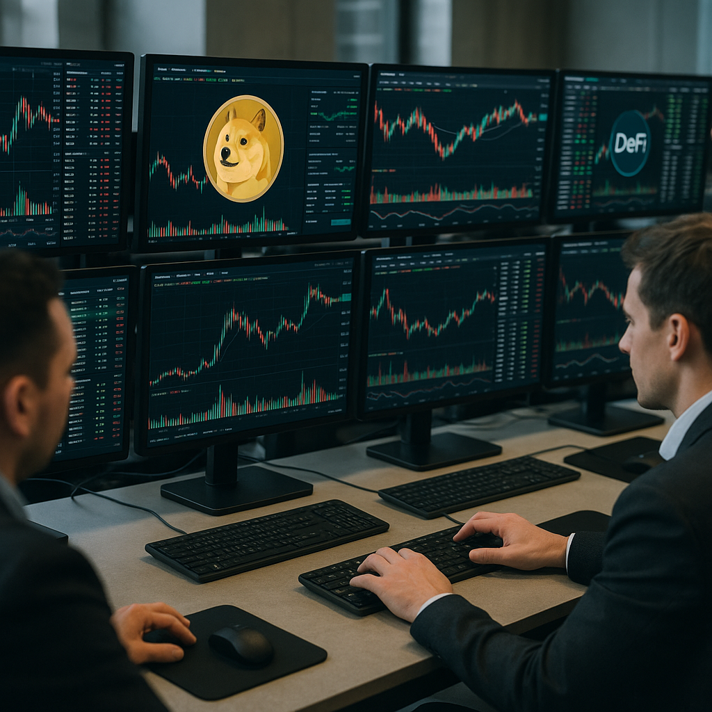 a bustling crypto trading desk filled with monitors displaying real-time data on cryptocurrencies, with a focus on Dogecoin and DeFi platfor