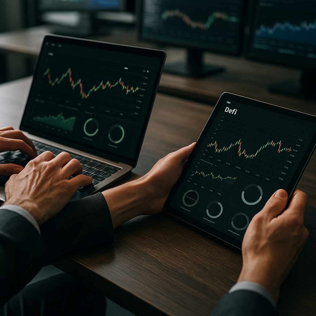 hands typing rapidly on devices while viewing DeFi metrics