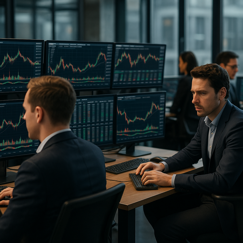 A busy trading desk filled with screens displaying cryptocurrency charts and trading volumes, surrounded by focused traders analyzing market